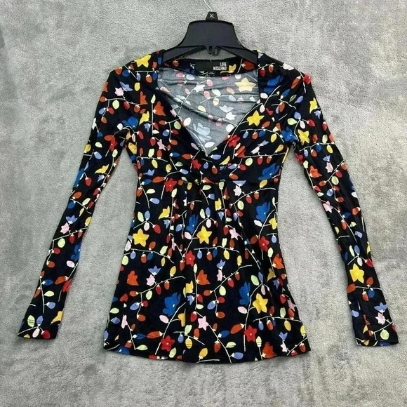 Love Moschino Top Womens 2 Black Printed Long Sleeve Surplice Blouse Floral - Picture 1 of 11